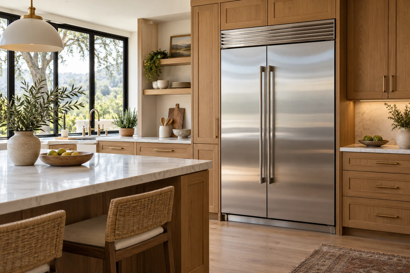 Contemporary kitchen with oak cabinets and a stainless steel refrigerator